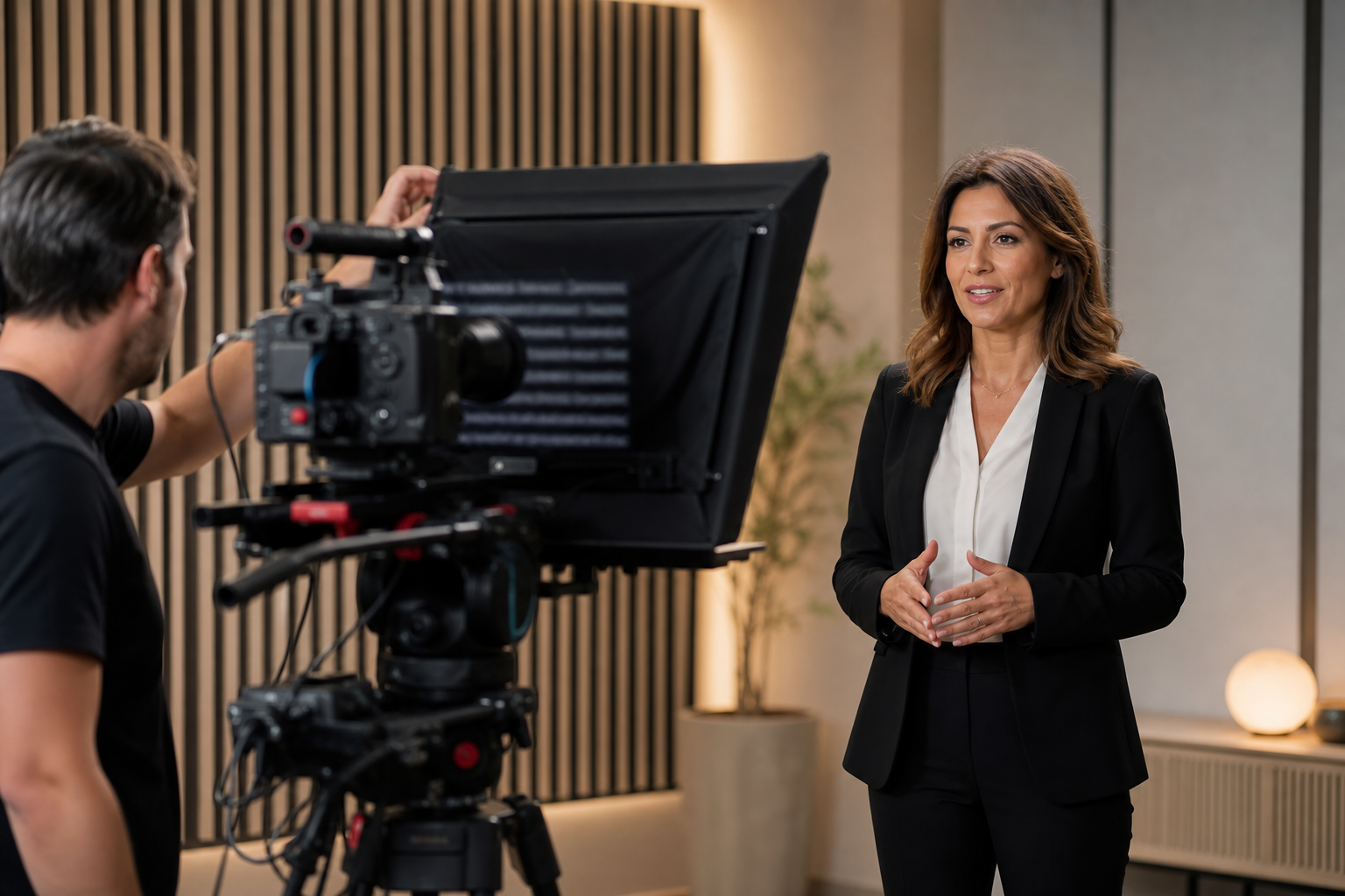 Presentatrice ripresa con teleprompter per un video di formazione aziendale