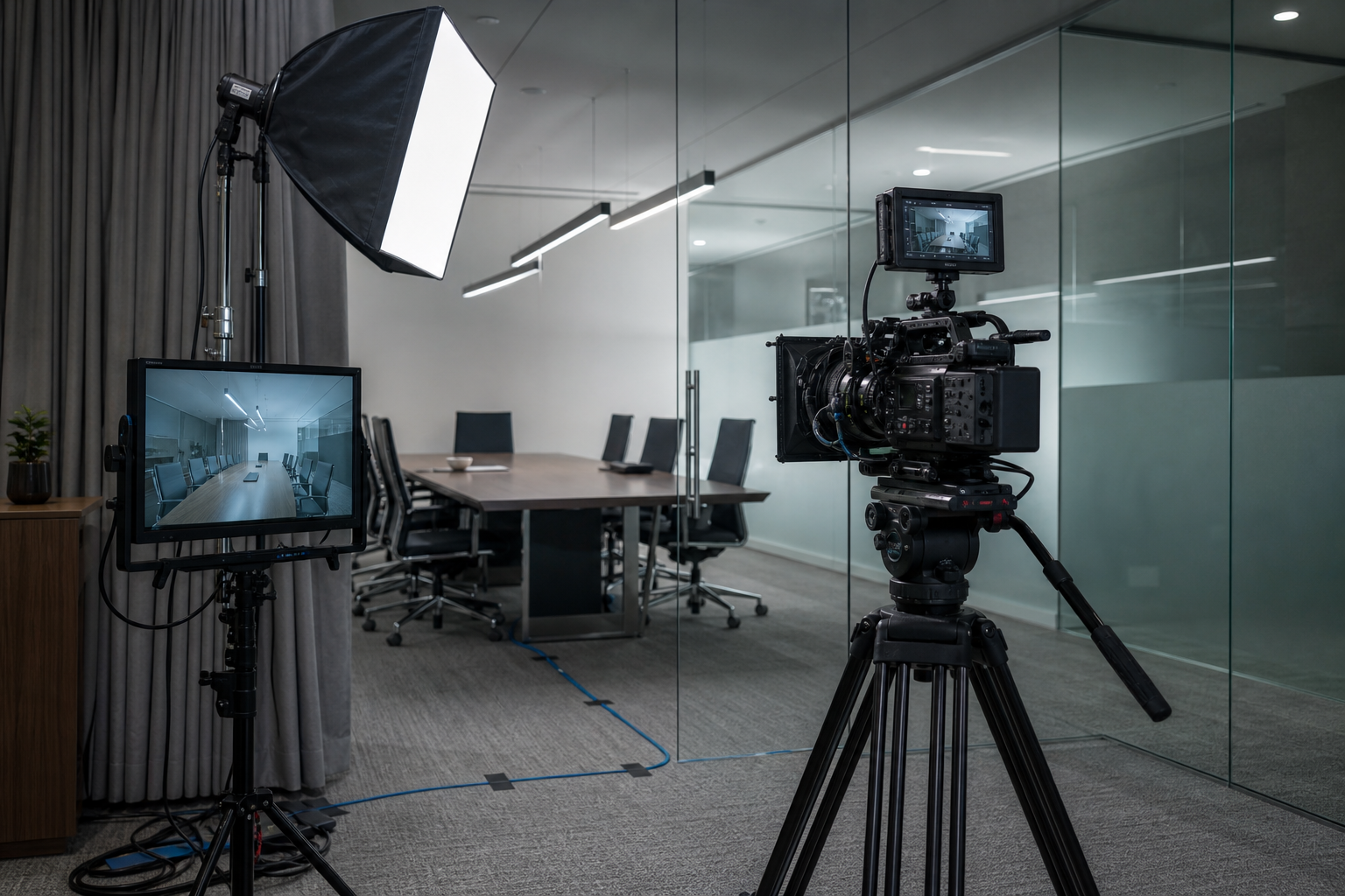 Sala riunioni aziendale allestita con camera cinematografica e softbox per una ripresa corporate