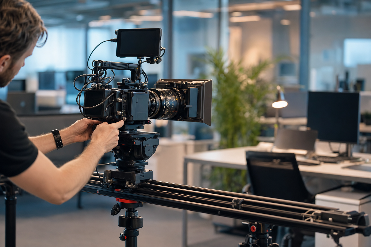 Camera cinematografica su slider motorizzato in un ufficio moderno durante una ripresa corporate