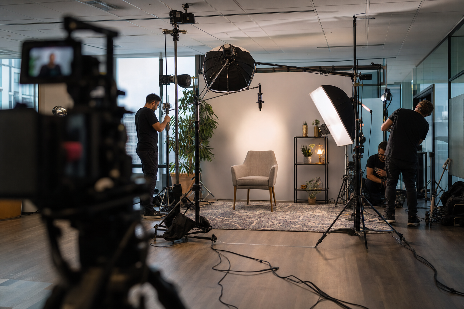 Dietro le quinte di un set video aziendale con luci e softbox posizionati intorno a un'area intervista